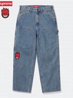 Supreme Relaxed Blue Denim Work Jeans with Red Flame Patch